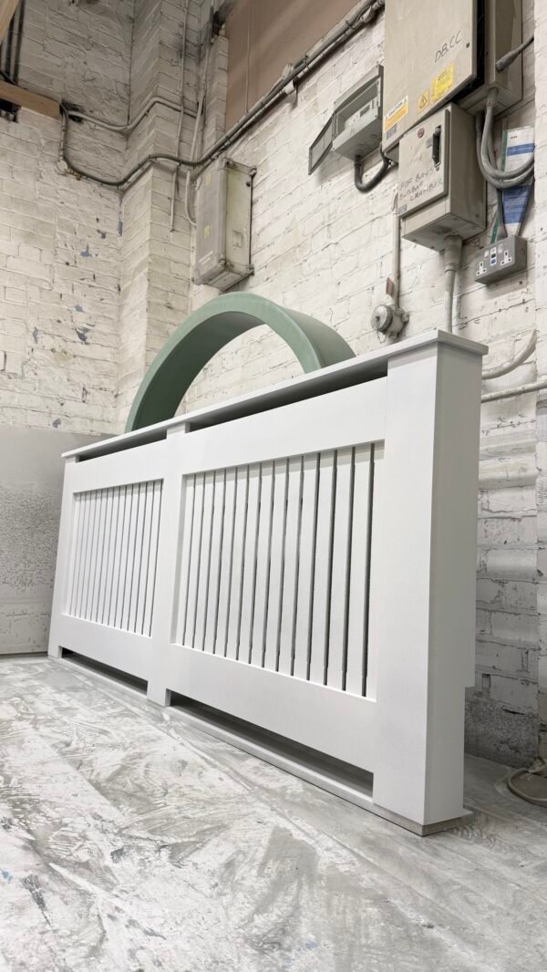 Large White Radiator Cover, Vertical Slat Design 90cm H x 210cm W x 15cm D
