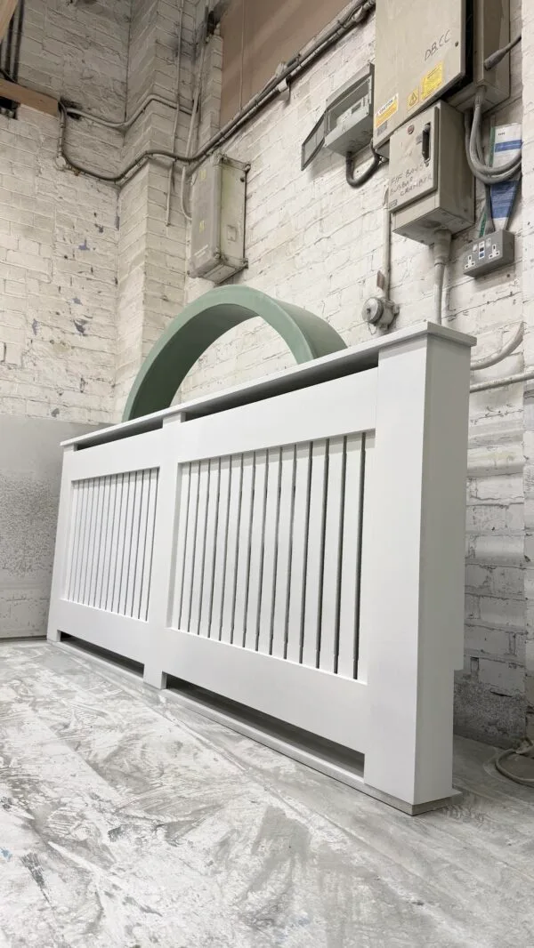 Large White Radiator Cover, Vertical Slat Design 90cm H x 210cm W x 15cm D
