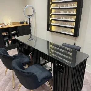 Bespoke nail desk, reeded design two person station, glass top, Matt black