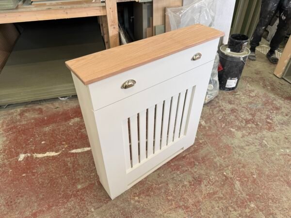 Radiator Cabinet With Drawers, White & 100% Solid Oak Top 97cm H x 85cm W x 18cm D