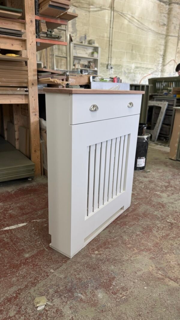 Radiator Cabinet With Drawers, White & 100% Solid Oak Top 97cm H x 85cm W x 18cm D