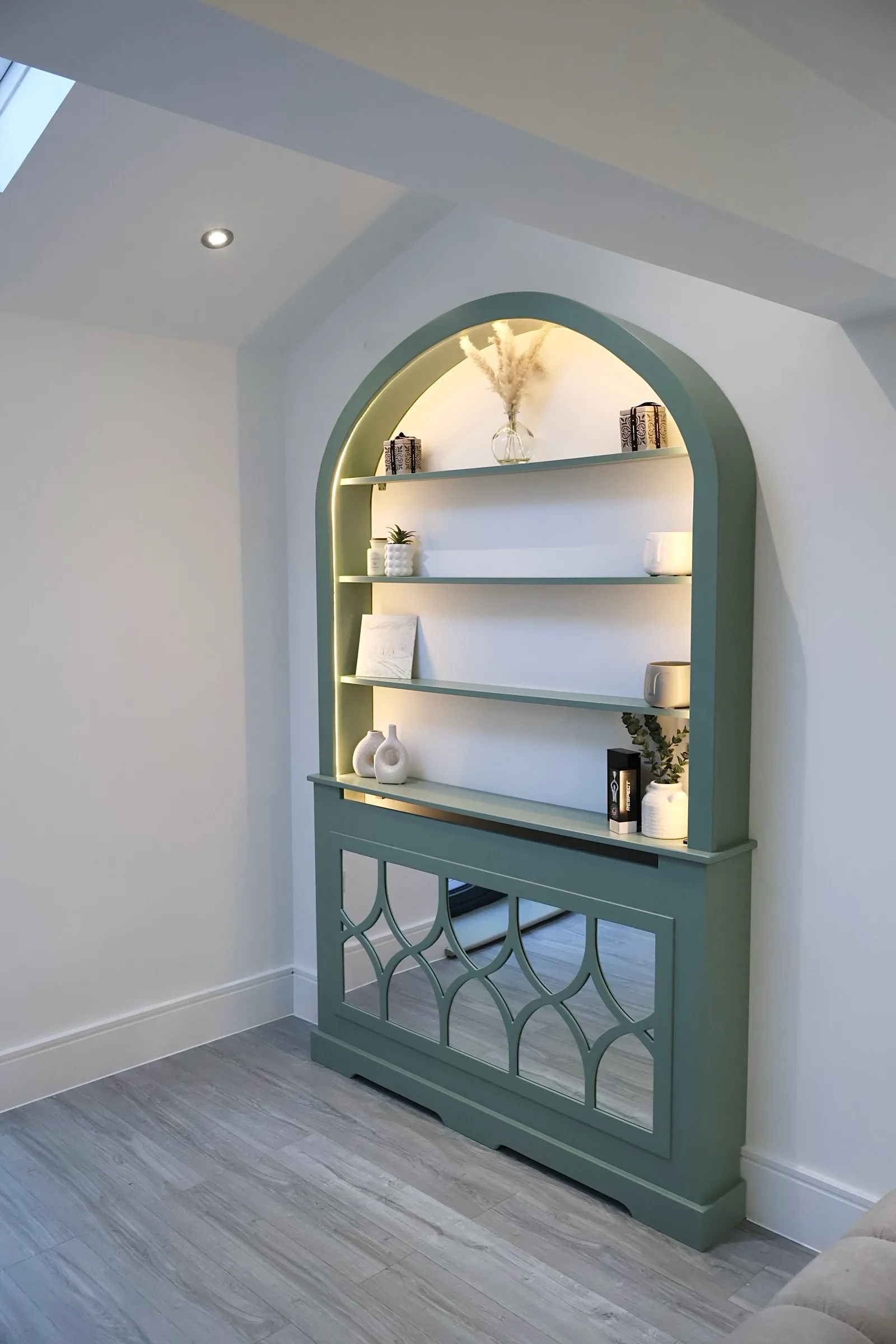 Mirrored Radiator Cabinet, Curved Bookcase, LED lighting, Unique Bookshelf