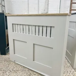 Handmade Radiator Cabinet, Panel Design, White with Solid oak top 85cm H x 110cm W x 15cm D
