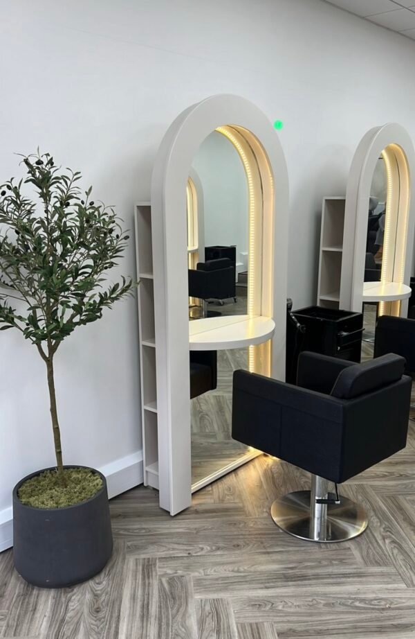 Bespoke salon mirror, Curved mirror, Hair stylish mirrored unit with rear storage & LED lights