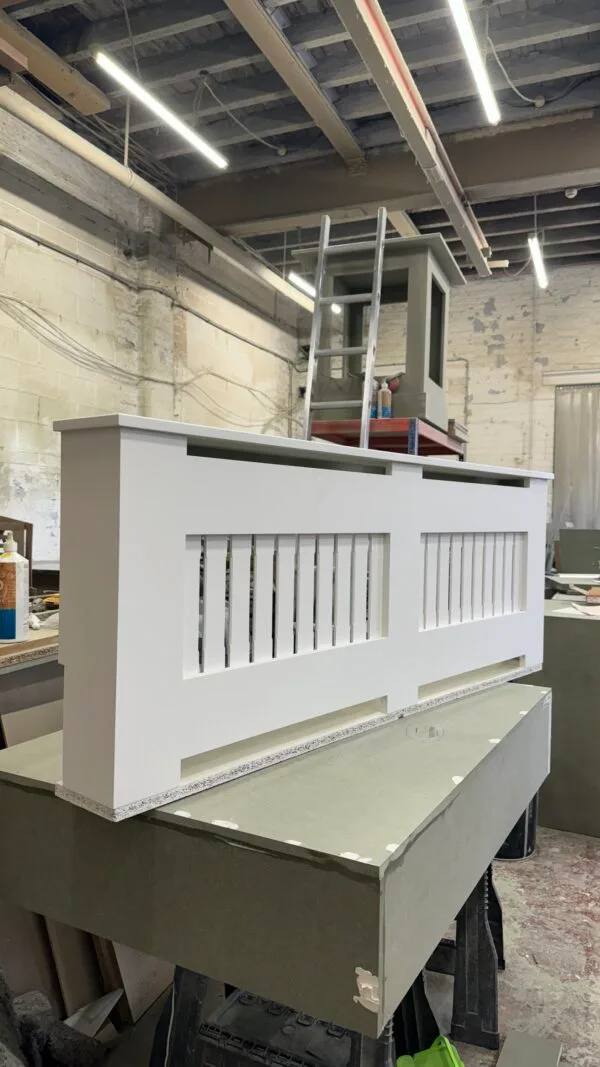 bespoke radiator cover, vertical slat, all white 60 H x 163 W x 16 D