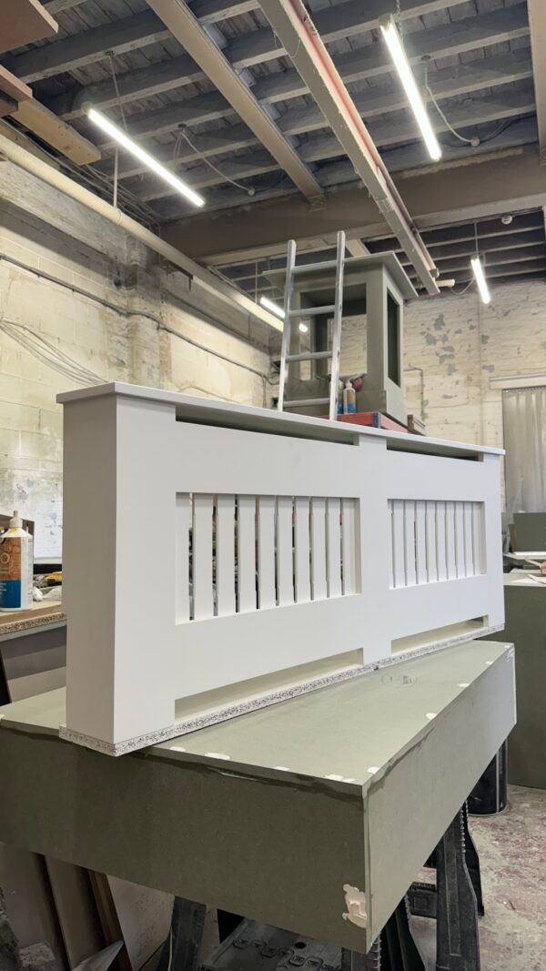 bespoke radiator cover, vertical slat, all white 60 H x 163 W x 16 D