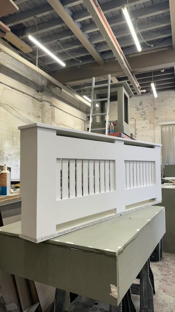 bespoke radiator cover, vertical slat, all white 60 H x 163 W x 16 D
