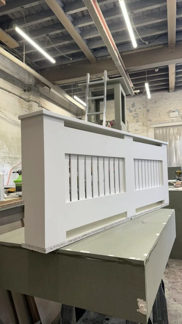 bespoke radiator cover, vertical slat, all white 60 H x 163 W x 16 D