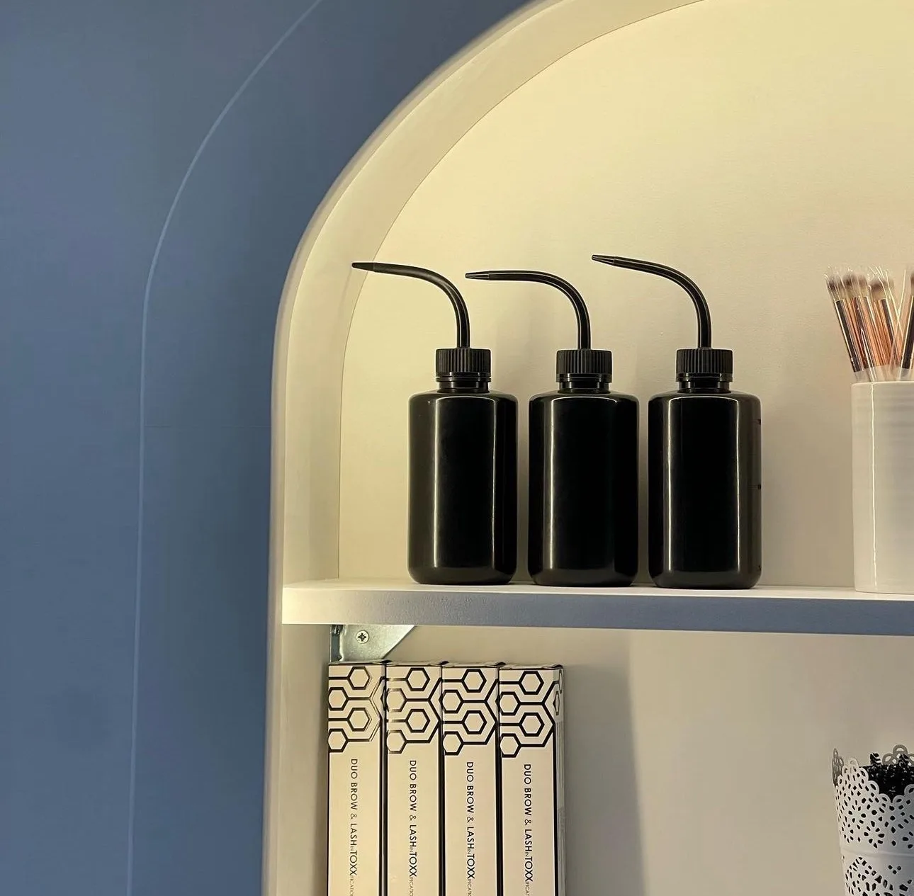 Bespoke Curved Floating Wall Unit, LED Lighting, Farrow and Ball Skimming stone