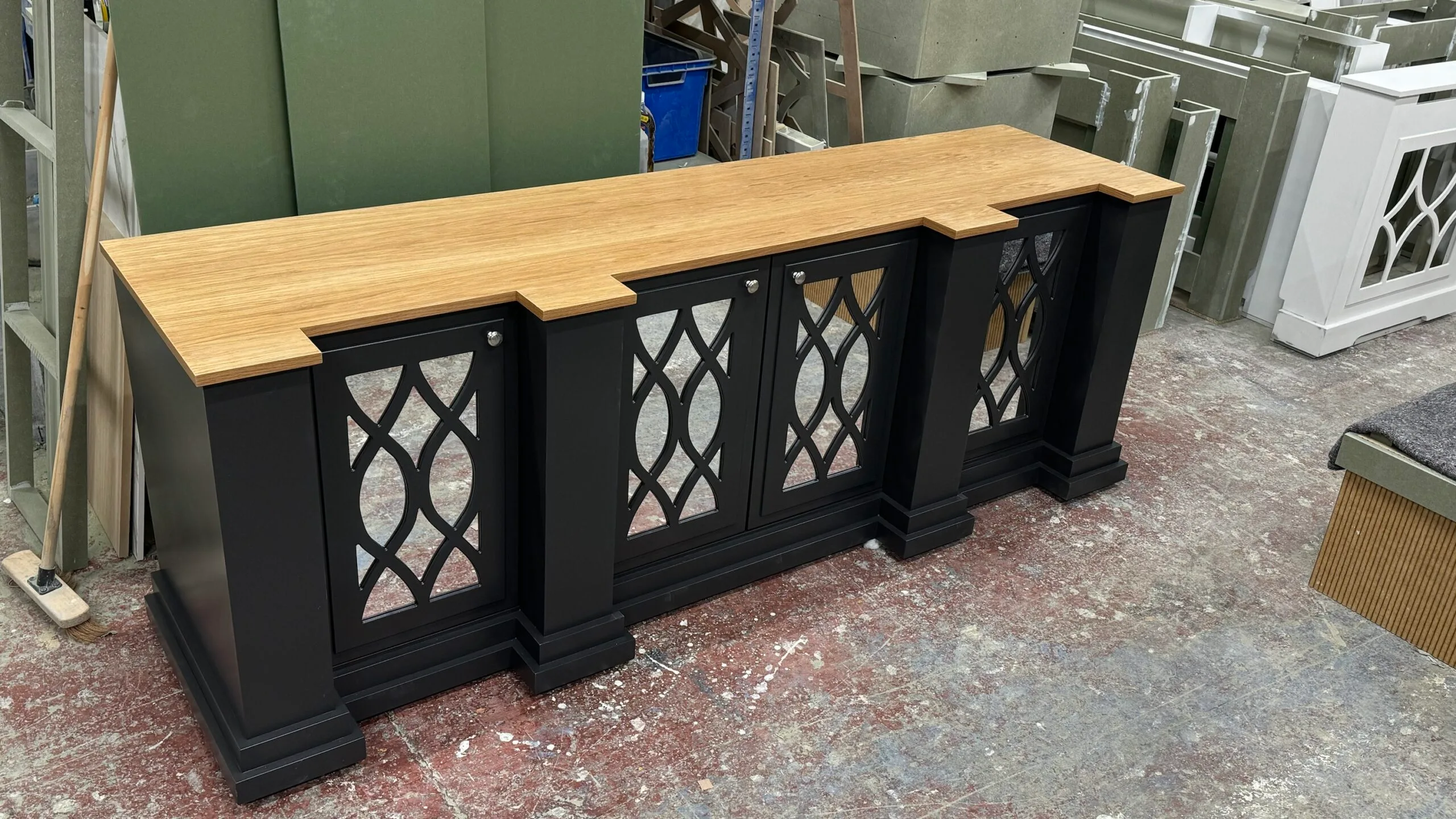 Large Mirrored Sideboard, Solid Oak Top