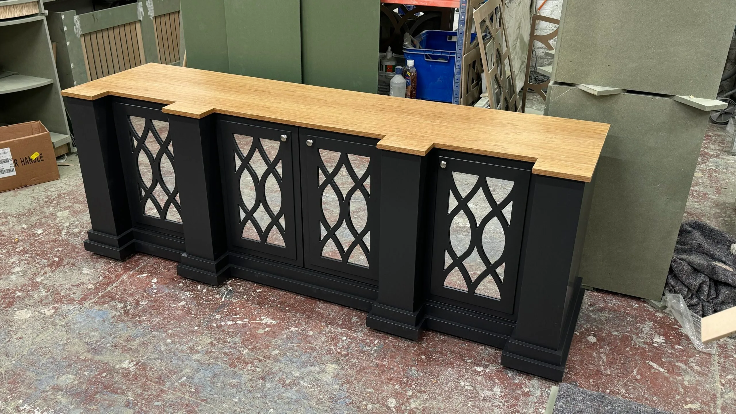 Large Mirrored Sideboard, Solid Oak Top