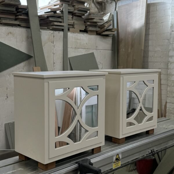 Mirrored side tables, Image - Cream with solid oak feet