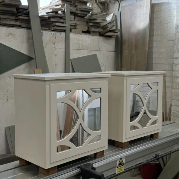 Mirrored side tables, Image - Cream with solid oak feet