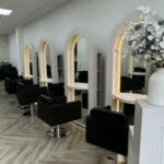 Bespoke salon mirror, Curved mirror, Hair stylish mirrored unit with rear storage & LED lights