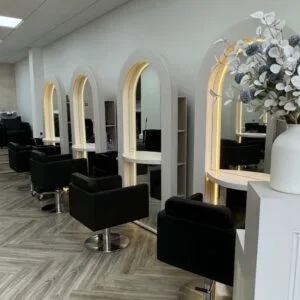 Bespoke salon mirror, Curved mirror, Hair stylish mirrored unit with rear storage & LED lights