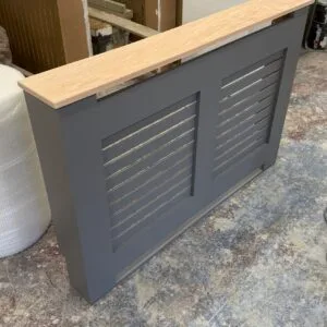 Grey Radiator Cover, Horizontal Slat, Solid Oak Top, 85cm H x 125cm W x 15cm D