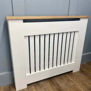 Medium White Radiator Cover, Solid Oak Top 90cm H x 125cm W x 15cm D