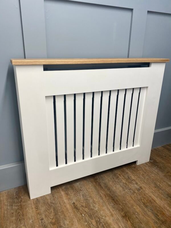 Medium White Radiator Cover, Solid Oak Top 90cm H x 125cm W x 15cm D