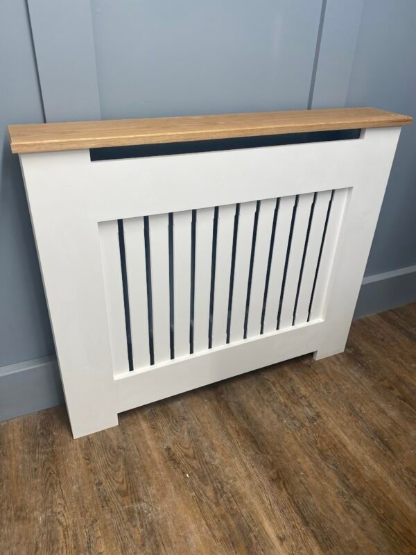 Medium White Radiator Cover, Solid Oak Top 90cm H x 125cm W x 15cm D