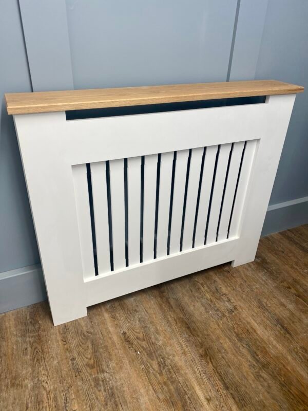Medium White Radiator Cover, Solid Oak Top 90cm H x 125cm W x 15cm D