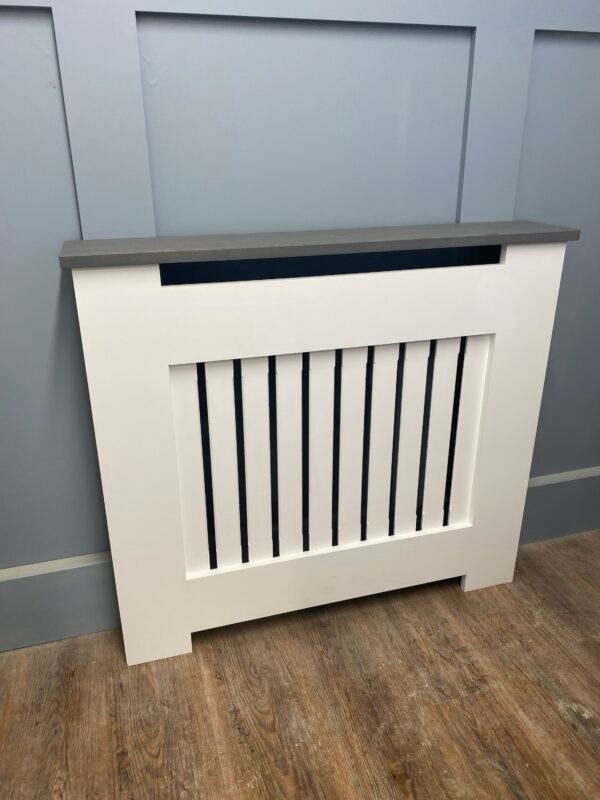 Medium White Radiator Cover, Grey Solid Oak Top 90cm H x 125cm W x 15cm D