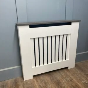 Medium White Radiator Cover, Grey Solid Oak Top 90cm H x 125cm W x 15cm D