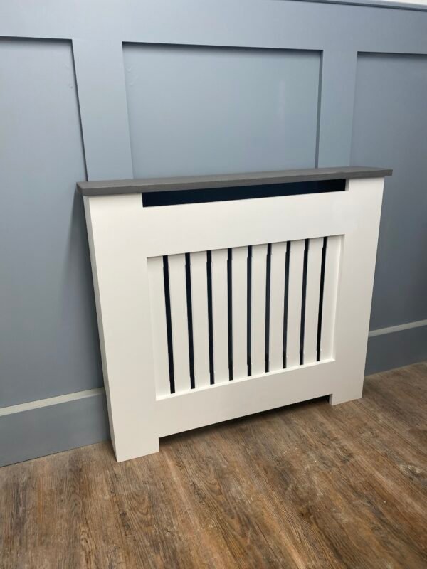 Medium White Radiator Cover, Grey Solid Oak Top 90cm H x 125cm W x 15cm D