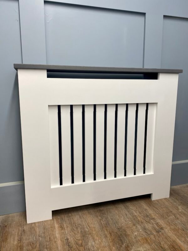 Medium White Radiator Cover, Grey Solid Oak Top 90cm H x 125cm W x 15cm D