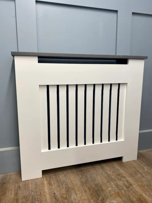 Medium White Radiator Cover, Grey Solid Oak Top 90cm H x 125cm W x 15cm D