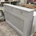 Custom Radiator Cover With Drawers, Vertical Slat Design (Image, Pavilion Gray)