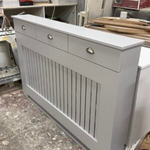Custom Radiator Cover With Drawers, Vertical Slat Design (Image, Pavilion Gray)