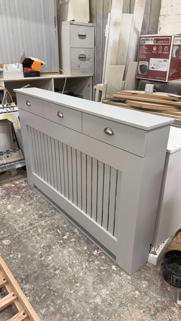 Custom Radiator Cover With Drawers, Vertical Slat Design (Image, Pavilion Gray)