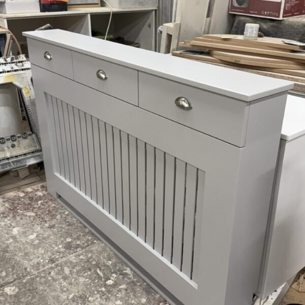 Custom Radiator Cover With Drawers, Vertical Slat Design (Image, Pavilion Gray)