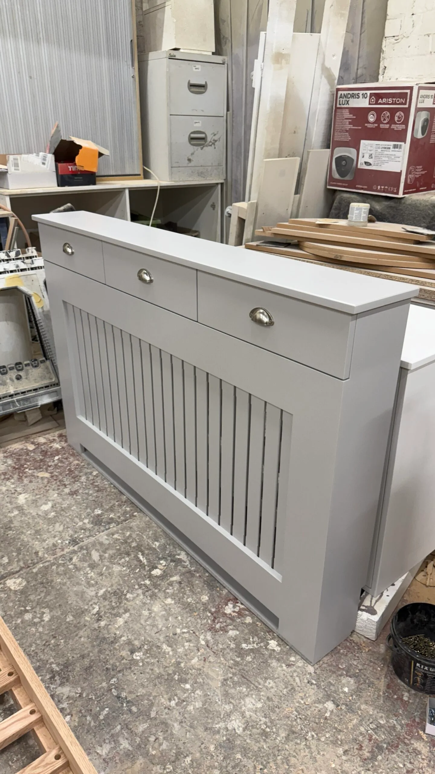Custom Radiator Cover With Drawers, Vertical Slat Design (Image, Pavilion Gray)