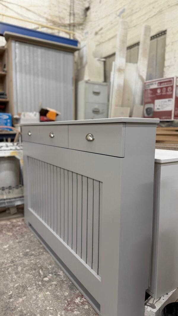Custom Radiator Cover With Drawers, Vertical Slat Design (Image, Pavilion Gray)