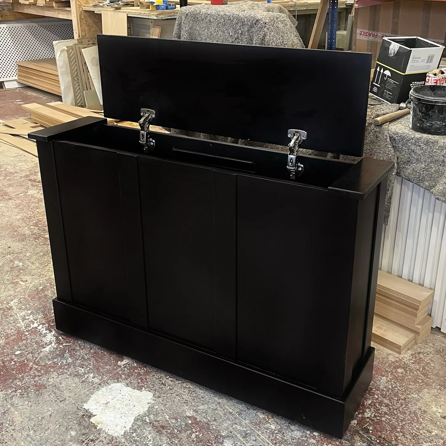 Black Panelled Motorised TV Stand, TV Box