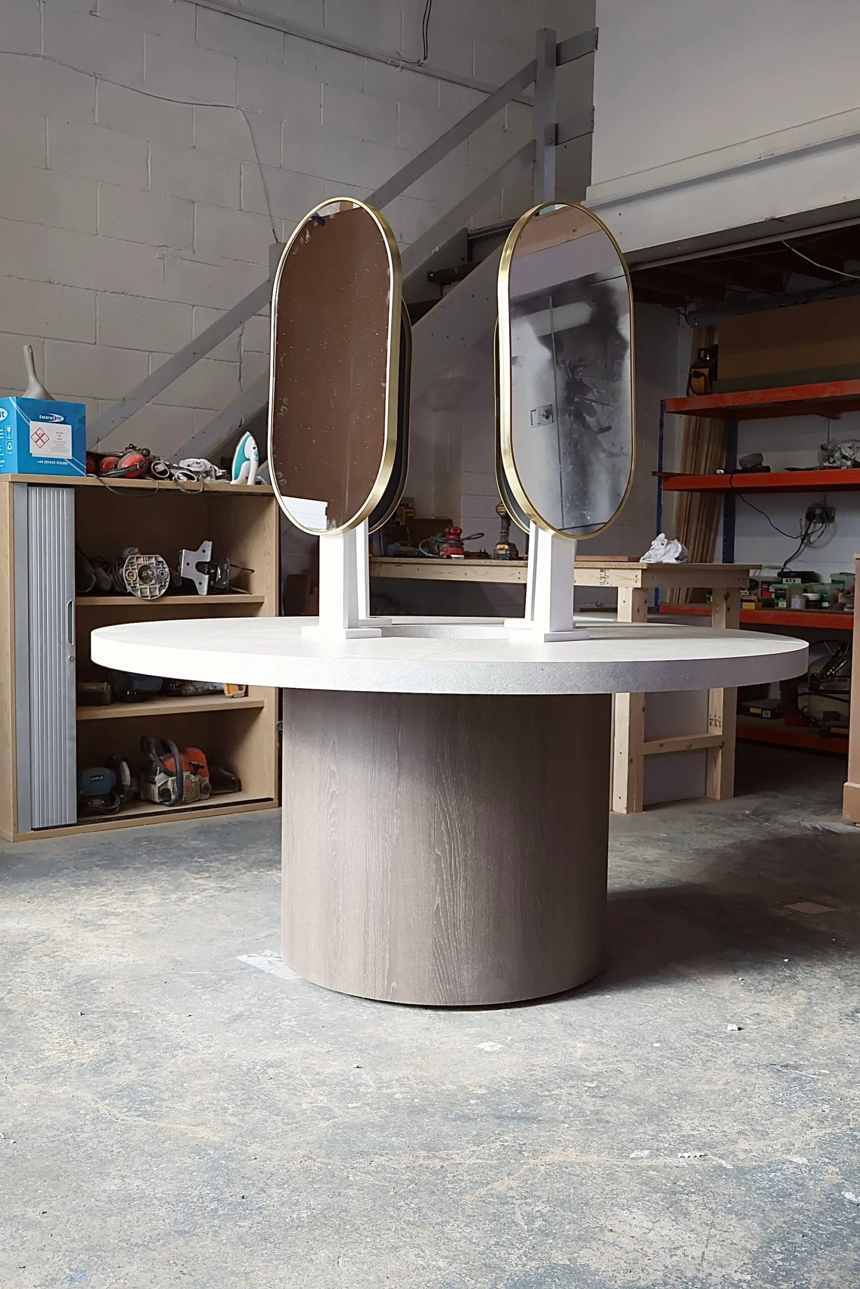Bespoke four station vanity table, Circular Salon Station, 4 Hair Stylist Mirrors