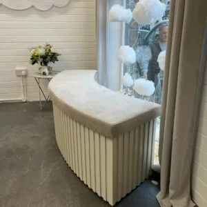 Custom Curved Seating Bench, Reeded Design, Faux Suede Top