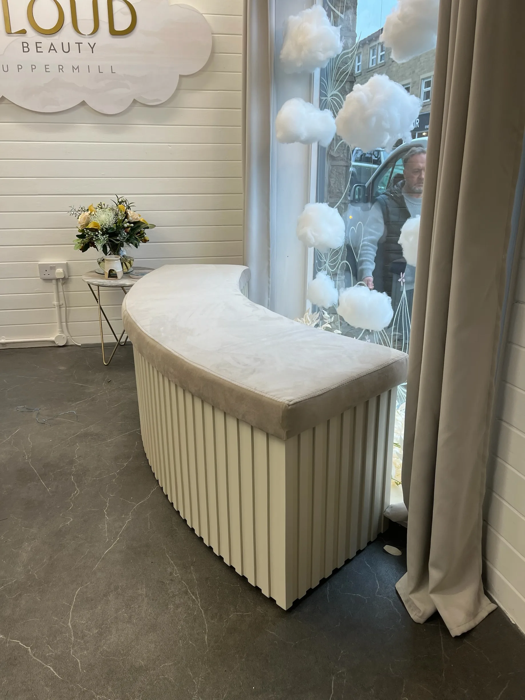 Custom Curved Seating Bench, Reeded Design, Faux Suede Top