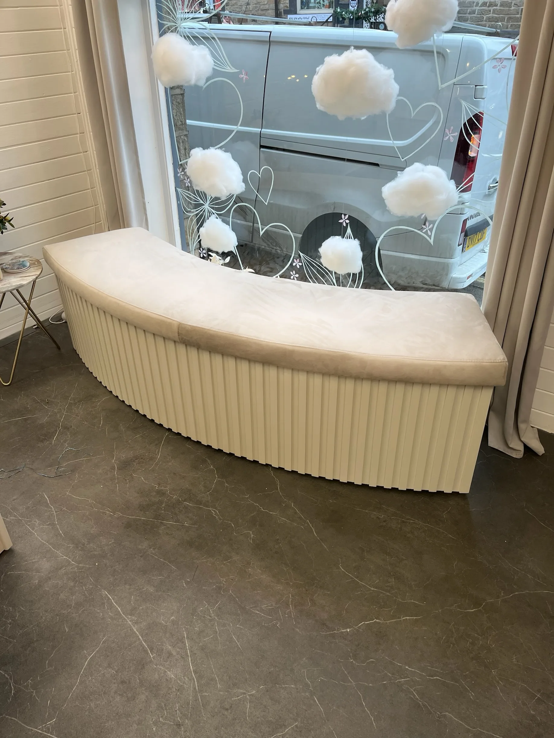 Custom Curved Seating Bench, Reeded Design, Faux Suede Top