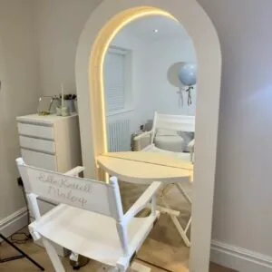 Bespoke White Salon Mirror, Curved Mirror, LED Mirror Hair stylish mirrored unit with rear storage