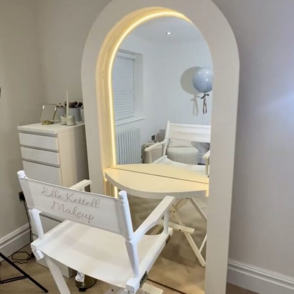 Bespoke White Salon Mirror, Curved Mirror, LED Mirror Hair stylish mirrored unit with rear storage