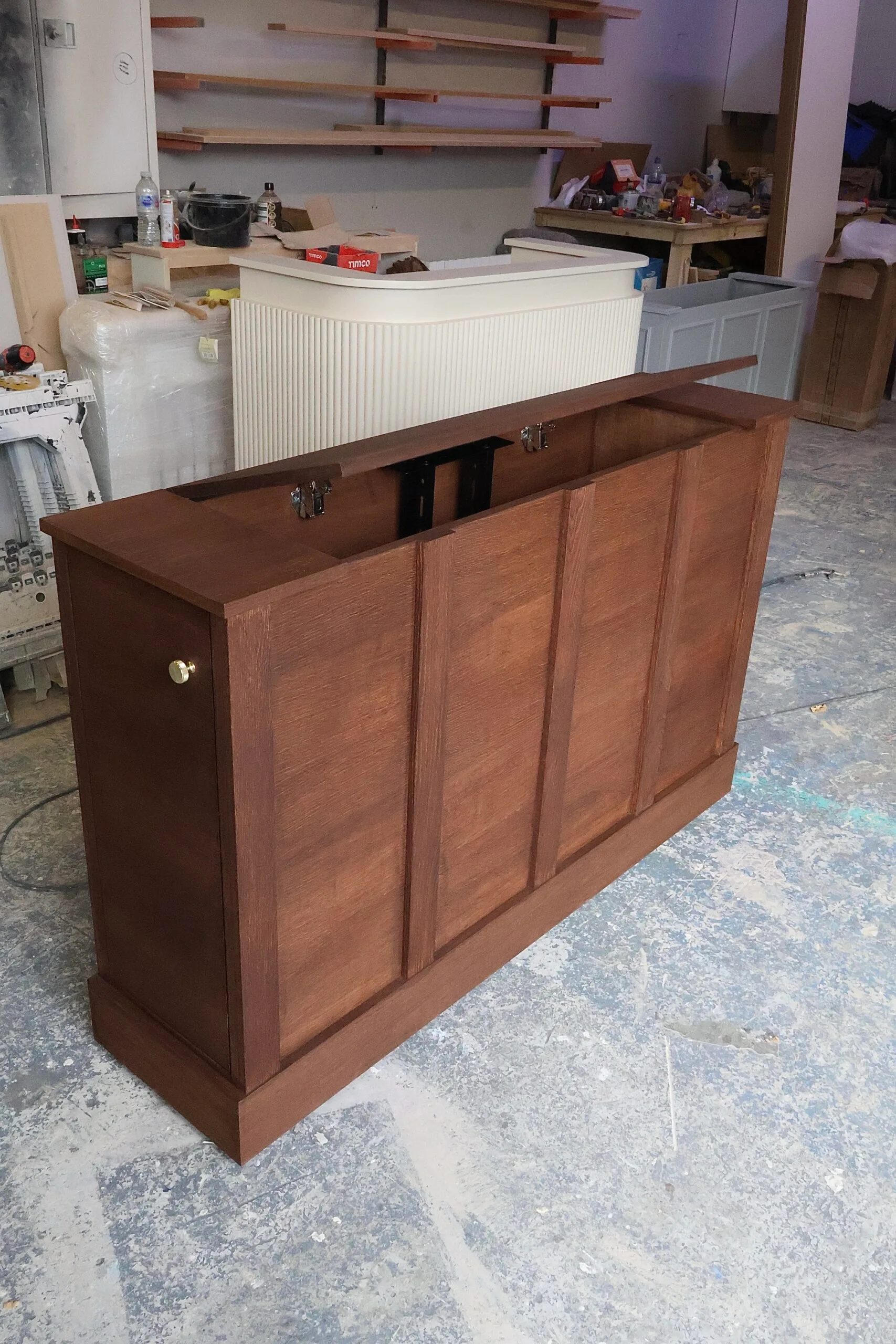 Solid Oak TV Stand, Walnut Stain, Motorised TV Box