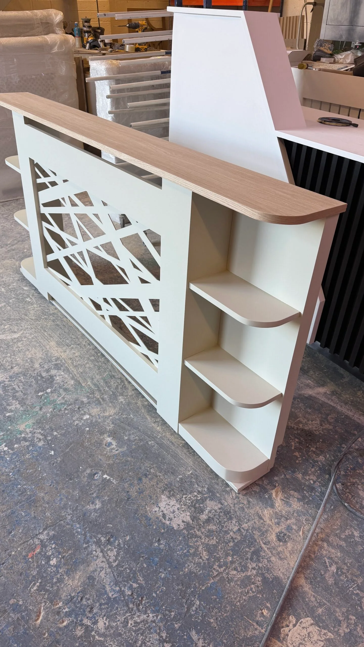 Messy abstract radiator cover with side shelves