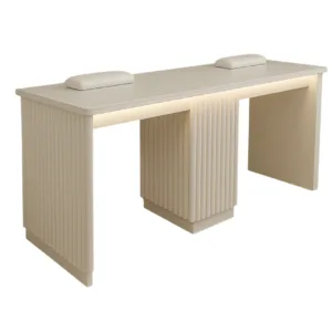 Reeded nail desk two person station white with led lighting