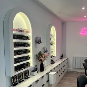 Nail Gel Wall Mount, Bespoke small curved nail varnish display with LED lighting