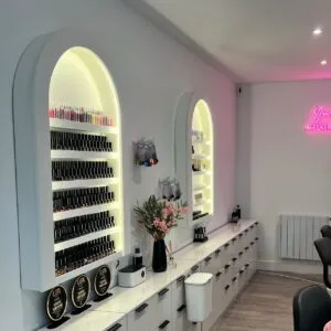 Nail Gel Wall Mount, Bespoke small curved nail varnish display with LED lighting