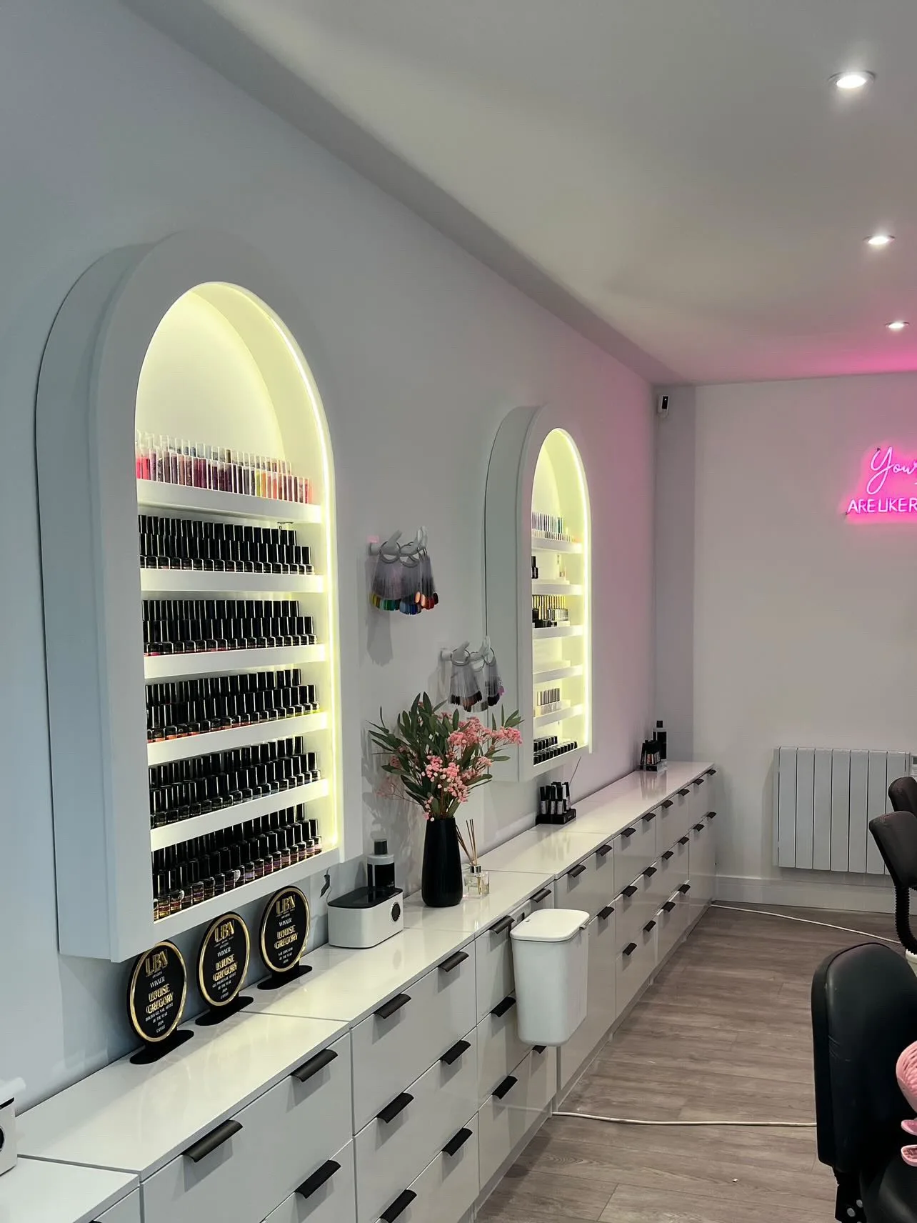 Nail Gel Wall Mount, Bespoke small curved nail varnish display with LED lighting