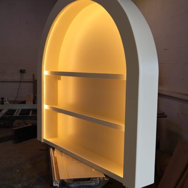 Bespoke 2-tier curved floating salon display shelf with warm LED lighting