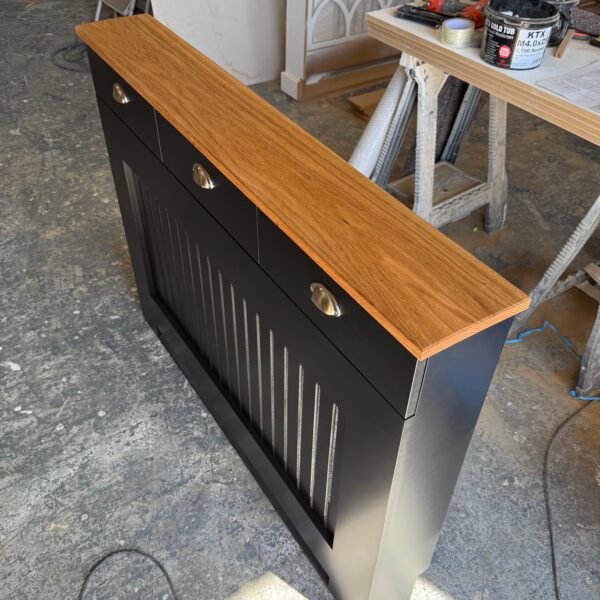 Radiator cabinet with drawers and solid Teak Oak Top, Image is Black